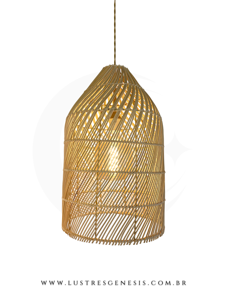 Pendente Gambier de 50cm em fibra natural de rattan, ideal para mesas, balcão de cozinha, área gourmet e sítios.